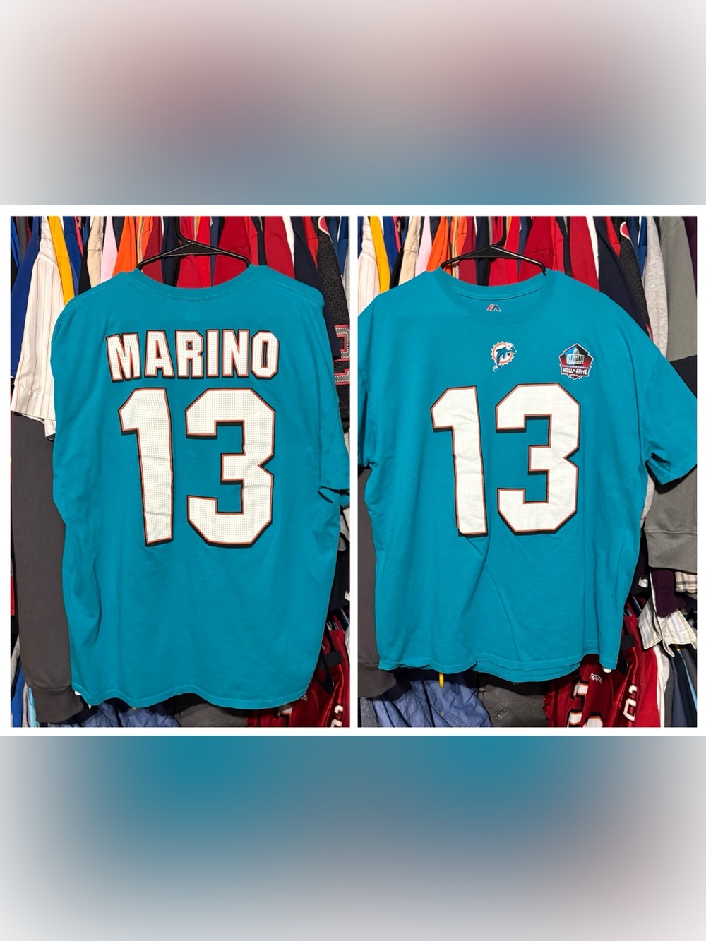 Miami Dolphins x Majestic x Dan Marino #13 hall of fame aqua Tee XL 27x23 NWOT